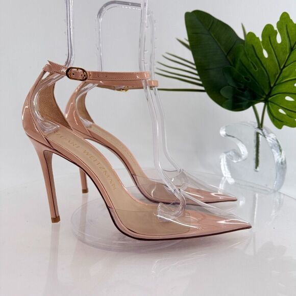 Stuart Weitzman Stuart PVC Pointed Toe Pump 9.5 Nude Patent Leather Stilleto - Picture 3 of 16